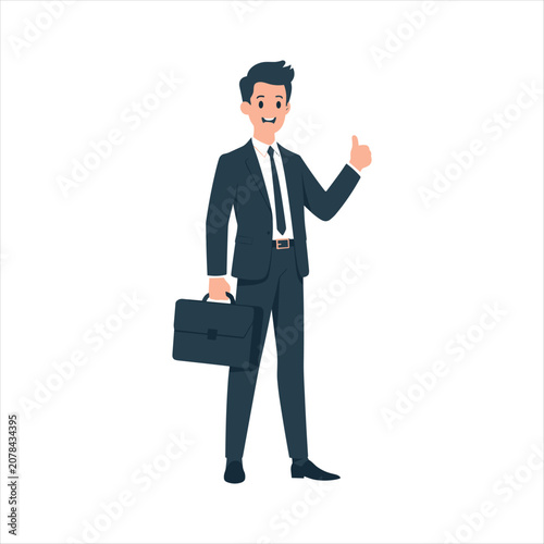Smiling Businessman Giving Thumbs Up with Briefcase, Professional Corporate Success Flat Vector Illustration