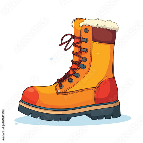Illustration of a yellow winter hiking boot with fur trim.