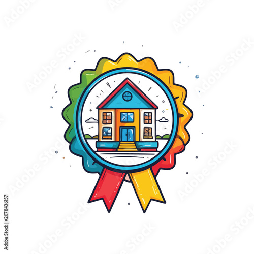 Colorful badge illustration featuring a stylized house icon.