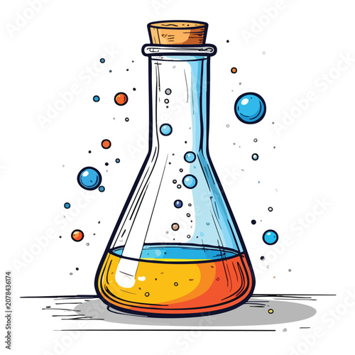 Illustration of a laboratory flask with colorful chemical liquid and floating bubbles.