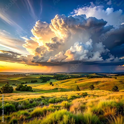 Beautiful landscape with cloudy sky sunset.