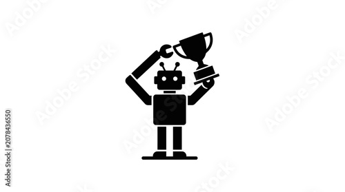 Robot raising a trophy icon signifies technological achievement, industrial success, and the pinnacle of automated innovation.