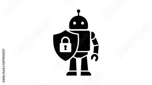Robot holding a security shield icon represents advanced digital protection and cybersecurity protocols for modern businesses.