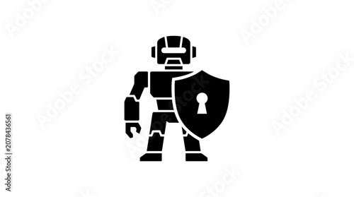 Robot holding a shield icon represents the core concept of cybersecurity and digital protection for modern data infrastructure.