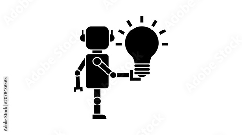 Robot inventor presents a glowing lightbulb idea to symbolize artificial intelligence innovation and creative problem solving.