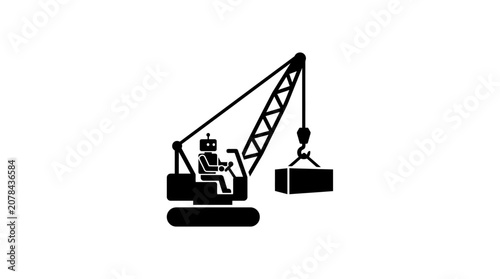 Robot operator navigates a crawler crane to transport industrial materials across a complex construction site environment.