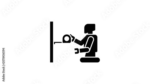 Robot operator utilizes a professional tape measure to inspect the structural alignment of a wall in a modern workspace.