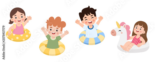 Illustration of cheerful children with swimming floats