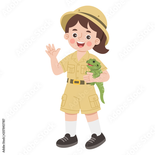 Illustration of a Young Explorer Holding a Iguana