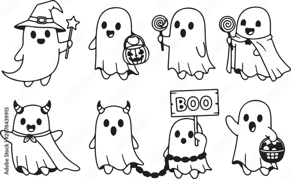 Obraz premium Set of cute ghost. Collection of sweet flying spirit with pumpkin bucket, candys, devil horns, witch hat,. Halloween symbol. Boo. Cartoon spooky baby character. Vector illustration for greeting card.