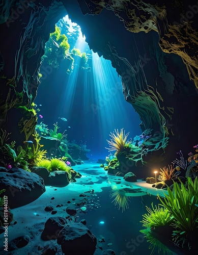 beautiful underwater cave with plants.