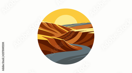 Vibrant Sunset Over Rolling Hills and River.