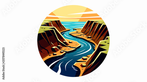Winding river through colorful canyon landscape at sunset.