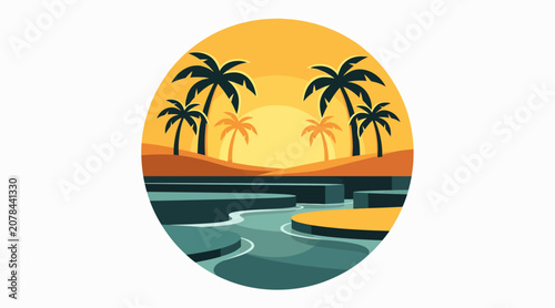 Tropical sunset with palm trees and river view.