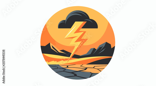 Dramatic Lightning Strike Over Mountain Landscape at Sunset.