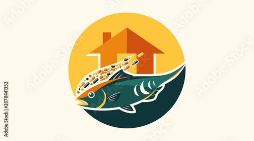 Fish carrying house on its back in circular design.