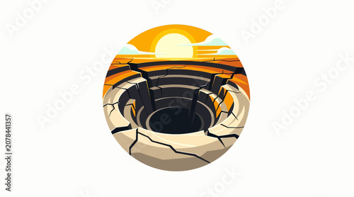 Sunset over a deep circular pit with silhouetted figures.