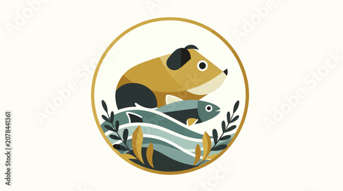 Panda holding a fish in a circular illustration.