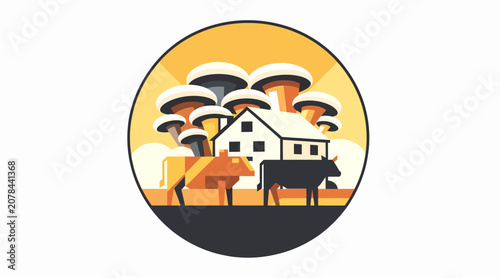 Rural farmhouse with cow and trees at sunset.
