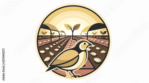Colorful bird in agricultural field illustration.