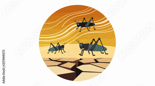 Three grasshoppers jumping on cracked earth background.
