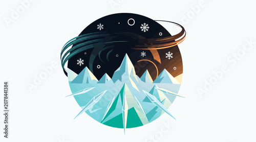 Abstract mountain landscape with cosmic elements and snowflakes.