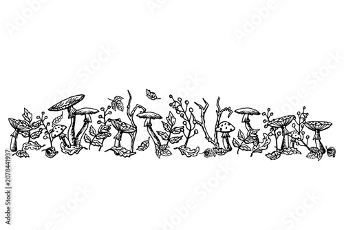 A black and white composition of autumn forest mushrooms and leaves. A simple, child-friendly graphic style for greeting cards, posters and books. The illustration is hand drawn in ink.