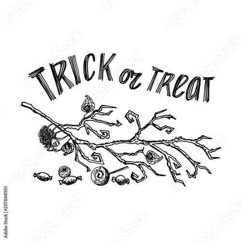 Black and white line art featuring an autumn branch and the lettering Trick or Treat. The illustration is hand drawn with ink in a simple, childlike style for posters and invitations.