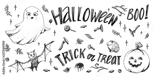A set of black and white vector illustrations. Hand drawn ink sketches in a simple, childlike style for greeting cards, stickers, and packaging.