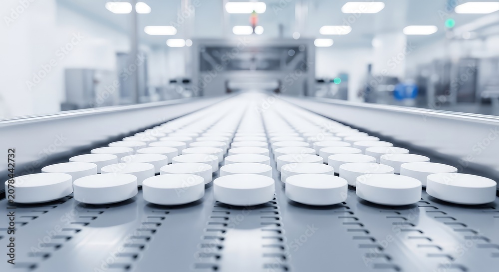 Fototapeta premium Close-up view of white round tablets moving along an industrial conveyor belt in a sterile pharmaceutical manufacturing facility setting, science, engineering, technology