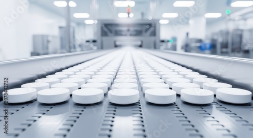 Close-up view of white round tablets moving along an industrial conveyor belt in a sterile pharmaceutical manufacturing facility setting, science, engineering, technology