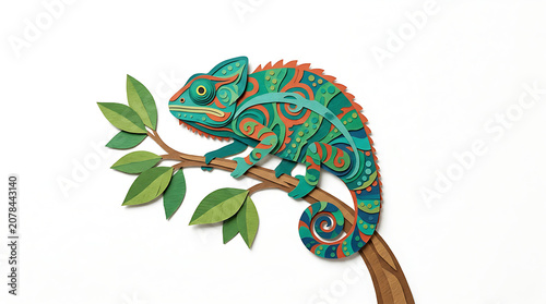 Colorful Paper Cut Chameleon Layered Art Illustration Sitting on Tree Branch Isolated