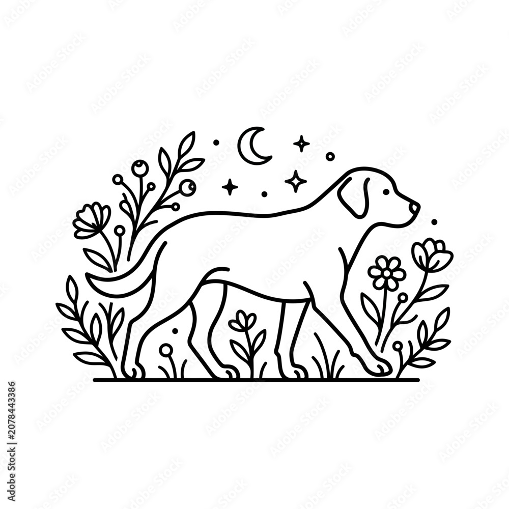 Obraz premium Minimalist Line Art Dog Walking Through Flowers Under Moon and Stars