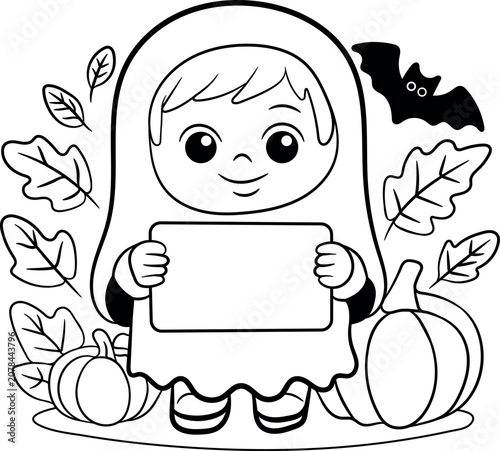 Charming halloween illustration ghost girl with blank sign surrounded by autumn elements