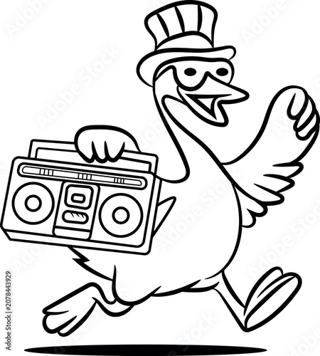 Cartoon goose character with boombox and top hat