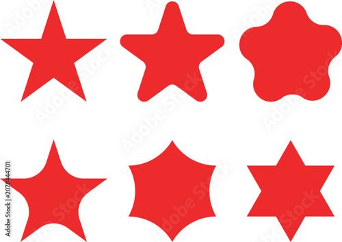 Set of six different red star shapes and geometric icons for design projects