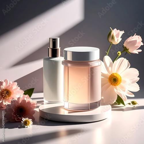 Beauty products with flowers on table.