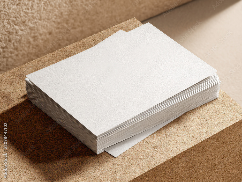 Fototapeta premium Stack of blank white textured paper cards on a neutral textured surface, ready for design.