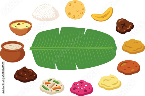 Obraz na plátně Traditional South Indian Onam Sadhya Feast Vector Illustration Set Featuring Ban