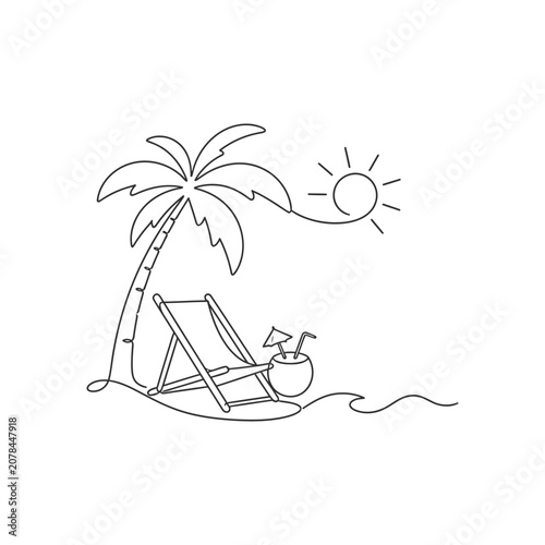 Tropical beach relaxation concept with palm tree, sun, lounge chair and coconut drink vector line illustration
