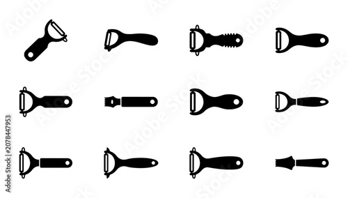 Bild auf Leinwand Kitchen Peeler Icon Set, Vegetable Slicer Tools, Food Preparation Utensils, Culi
