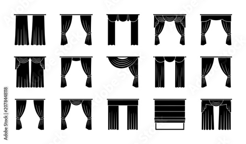 фотографія Black Curtain Icons Set, Drapery Vector Graphics, Window Treatments Collection,