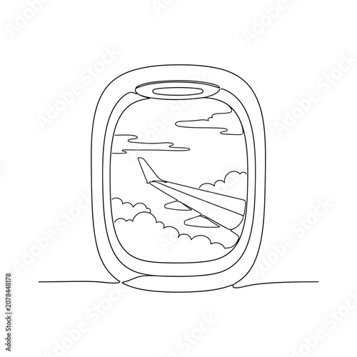 Airplane view from aircraft window with clouds sky travel concept vector line illustration