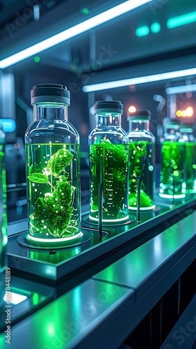 Bioluminescent green plants in laboratory bottles.
