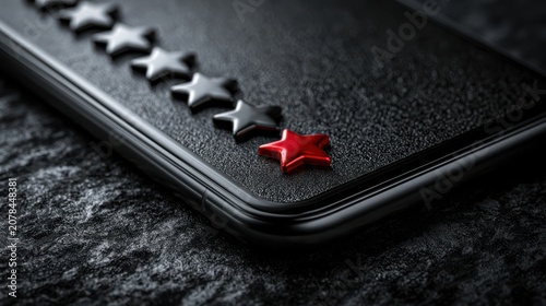 A black smartphone screen displays nine black stars and one prominent red star, symbolizing rating or review on a textured dark surface.