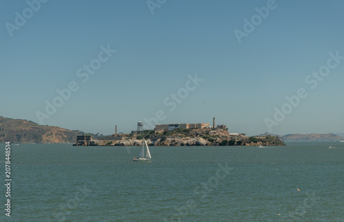 Scenic panoramic San Francisco Bay vista with Alcatraz island in the background, Northern California