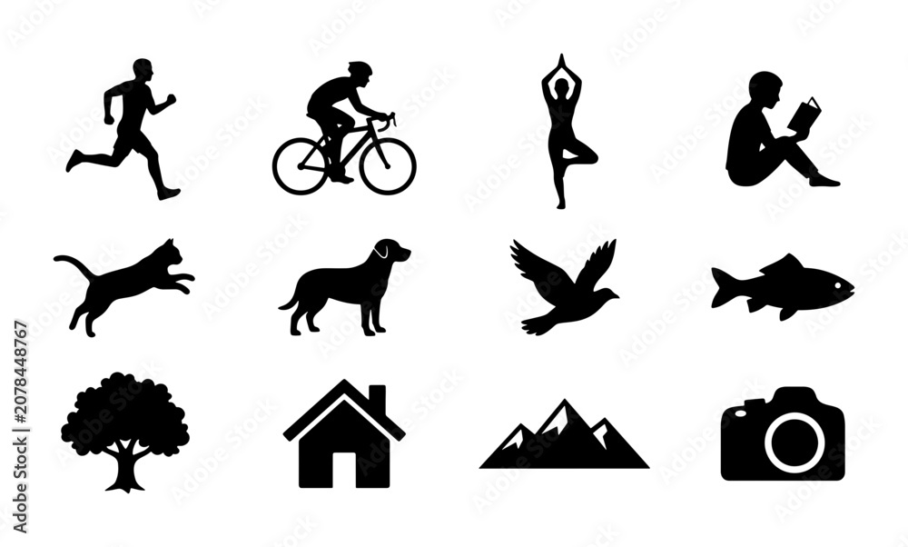 Obraz premium Silhouette Icons: Running Man, Cyclist, Yoga Pose, Reader, Cat, Dog, Bird, Fish, Tree, House, Mountains, Camera - Vector Graphics Set