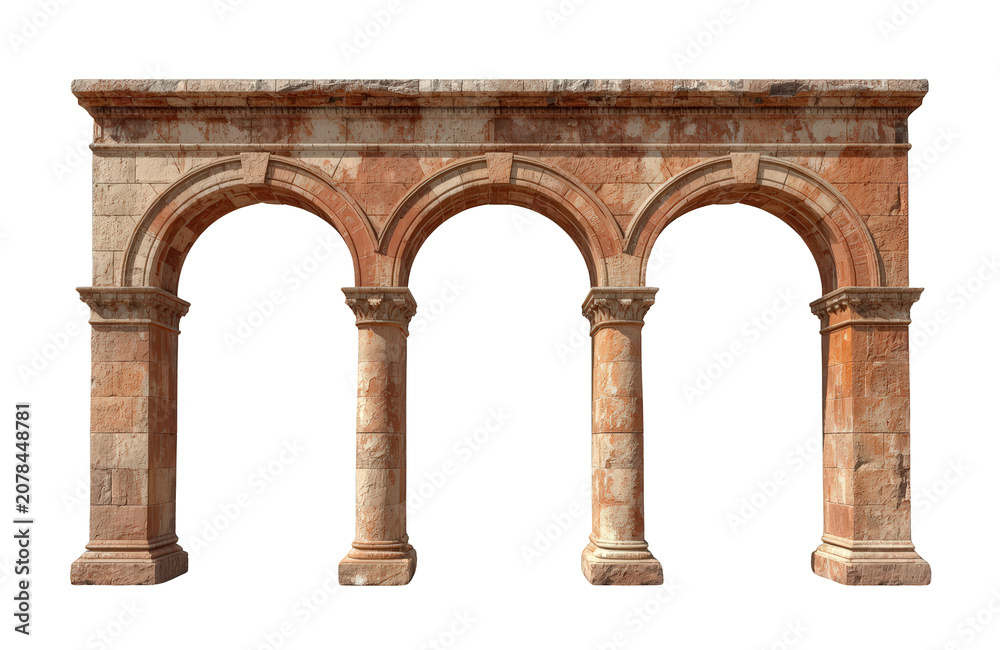 Fototapeta premium Ancient stone arcade with three arches and classic columns on a transparent background, depicting antique architectural element