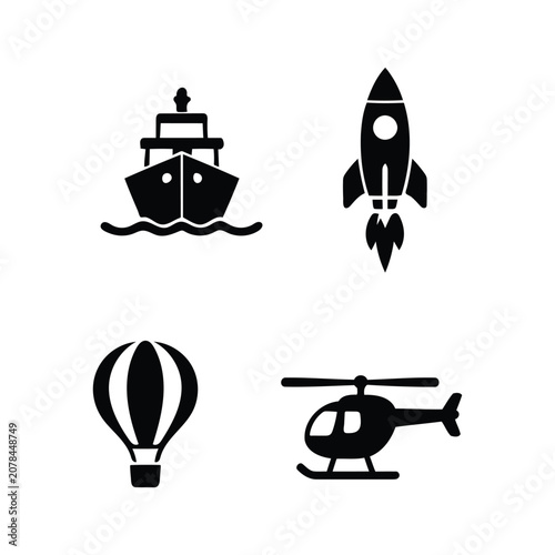 Travel transportation icons set with ship, rocket, hot air balloon and helicopter vector illustration