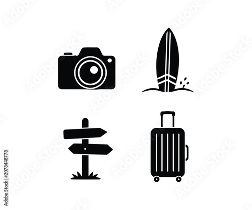 Travel icons set with camera, surfboard, signpost and suitcase luggage vector illustration